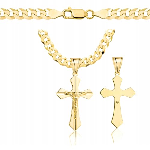 Amor Luxury goldkette herren mit kreuz 585, Kette Herren 925/585 - kreuz kette herren gold 585 massiv - 5 mm, Kreuz Kette 70 cm - Goldkette Kreuzkette - Halskette Herren Panzerung