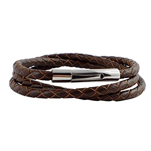 König Design Lederkette Lederband 4 mm Herren Halskette ohne Anhänger Braun 45 cm lang mit Hebeldruck Verschluss Silber geflochten