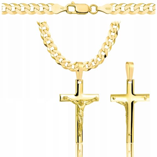 Amor Luxury goldkette herren mit kreuz 585, Kette Herren 925/585 - kreuz kette herren gold 585 massiv - 5 mm, Kreuz Kette 45 cm - Goldkette Kreuzkette - Halskette Herren Panzerung