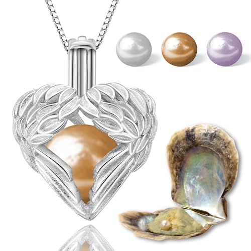 Wunschperlen Schutzengel Herzkette Damen Schmuck Set - Kette Silber und Muschel mit Perle - 925 Silber-Kette Damen mit Anhänger und Echte Perle in Muschel - Schmuckset Silber Geschenk für Sie