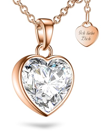 Herzkette Halskette Damen Rosegold (Silber 925 vergoldet) Kette mit Zirkonia Herz-Anhänger Ich liebe Dich (45-50cm) Schmuck Geschenke für Frauen Sie Freundin mit Gravur zum Jahrestag Liebesgeschenk