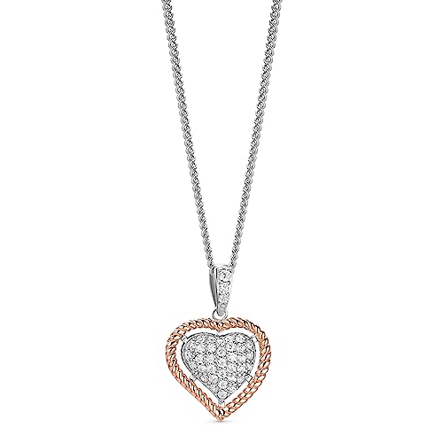 OROVI Schmuck Damen Herz-in-Herz-Kette mit einem großen Herzanhänger, in dem ein weiteres mit Zirkonia Pavé besetztes Herz eingearbeitet ist Halskette aus 925 Sterling Silber Rotgold vergoldet, 46 cm