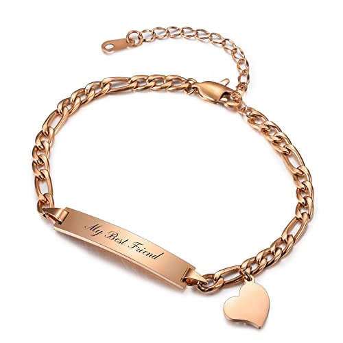 MunkiMix Personalisierte Armbänder Gravur Namens/Datum Edelstahl Armreif mit Herz Anhänger Verstellbares Kette Schmuck Geschenke für Frauen Freundin Beste Freunde (Herz, Roségold)