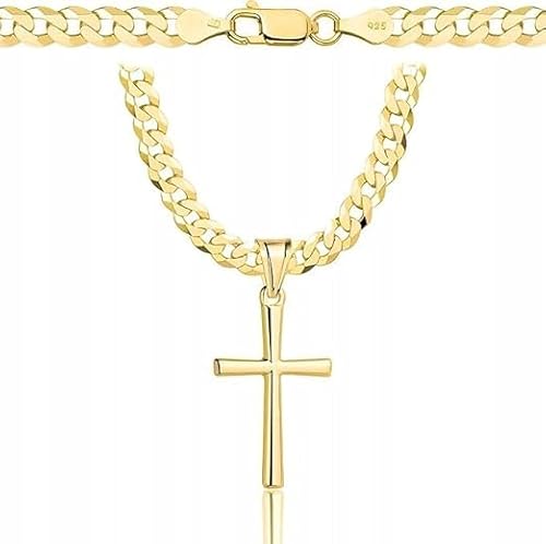 Amor Luxury goldkette herren mit kreuz 585, Kette Herren 925/585 - kreuz kette herren gold 585 massiv - 5 mm, Kreuz Kette 60 cm - Goldkette Kreuzkette - Halskette Herren Panzerung