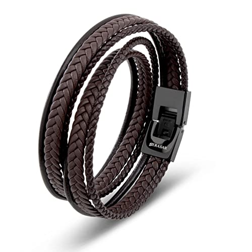 SERASAR Herren Armband Leder 40cm Braun Männer-Armband Leder-Armreif Herren-Lederband Herrenarmreif Armschmuck Leder-Schmuck Herrenschmuck Armkette Flecht-Armband Leder-Wickelarmband Leder-Kette Men