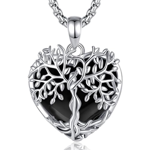 AEONSLOVE Lebensbaum Kette Obsidian Stein Kette Baum des Lebens Halskette Damen Frauen Schwarzer Obsidian Anhänger Herz Lebensbaum Kristall Kette Heilsteine Kristallkette Edelstein Schmuck