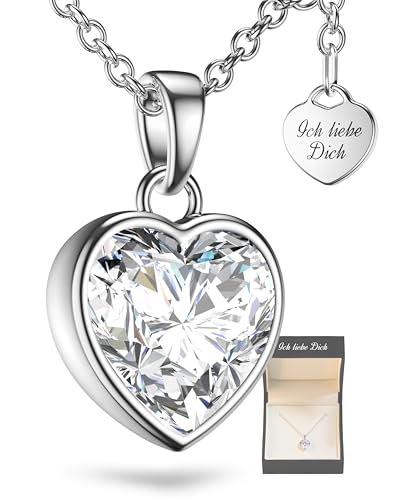 Herzkette Silber 925 Damen Halskette Kette mit Herz-Anhänger Ich liebe Dich (45-50cm) Silberkette mit Zirkonia-Herz Schmuck Geschenke für Frauen Sie Freundin mit Gravur zum Jahrestag Liebesgeschenk