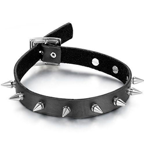 JewelryWe Schmuck Leder Choker Halskette, Spike Nieten Spitzen Halsband Kragen Kette für Herren und Damen, Schwarz