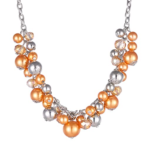 Bulinlin Damen Perlen Silber Kristall Boho Statement anhänger Halskette Modeschmuck Weihnachtsgeburtstagsgechenke für frauen (36-Orange)