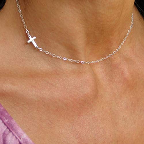 TseenYi Kreuz-Anhänger, Halskette, Silber, Sidesway-Kreuz, Choker-Halskette, kurze Kette, Religions-Halskette, Schmuck für Frauen und Mädchen (Silber)