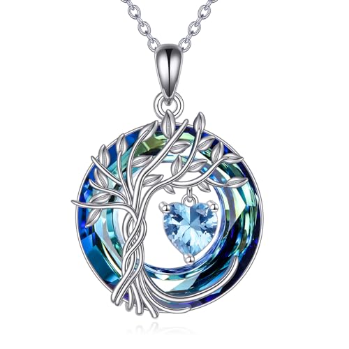 POPLYKE Lebensbaum Geburtsstein kette für Damen 925 Sterling Silber Baum des Lebens Schmuck Aquamarin Anhänger März Geburtsstein Edelstein mit Kristall Weihnachtsgeschenke für Mutter Ehefrau