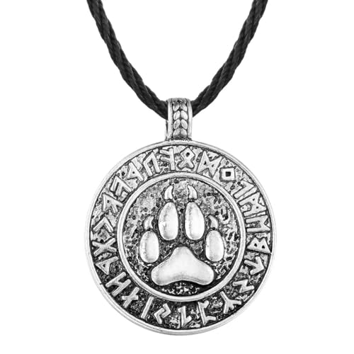 Wikinger Nordischer Bär Print Anhänger Halskette für Männer Frauen Punk Bär Tatzen Charm Schwarze Lederkette Amulett Schmuck Collier