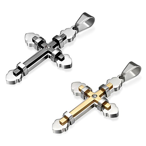 JewelryWe Schmuck 2pcs Herren Anhänger Halskette Edelstahl Zirkonia Kreuz Kreuzanhänger mit 65cm königskette Kette Gold Schwarz Silber