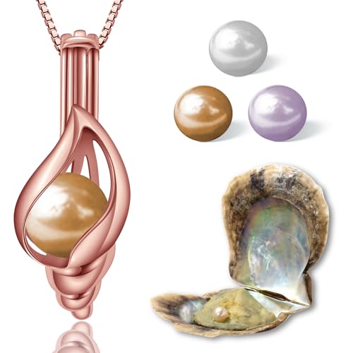 Wunschperlen Perlenkette Damen Schmuck Set - Muschelkette Rosegold und Muschel mit Perle - 925 Silber-Kette Damen mit Anhänger und Echte Perle in Muschel - Schmuckset Rosegold Geschenk für Sie