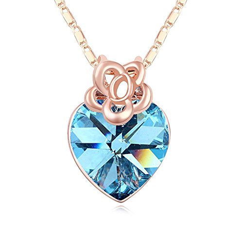 Bungsa ROSEGOLD Kette  HERZ  Damenkette 45cm - Anhänger mit herzförmigem Kristall in blau und rosé-farbener Blume - Frauen Halskette LIEBE - Rotgold necklace crystals heart flower blue LOVE AMORE