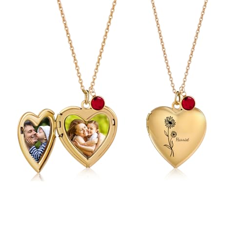 kaululu Personalisierte Foto Medaillon Halskette für Frauen Kette Damen mit Geburt Blume Namen Geburtsstein Anhänger Halskette für Mama Oma Schmuck Geschenke (Gold)