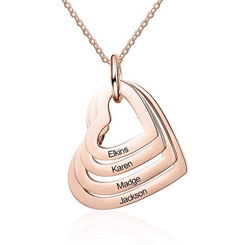 kaululu Halskette Damen Personalisiertes Kette mit Namen Herz 1-4 Familie Kinder Namen Edelstahl Anhänger Namenskette für Mama Muttertagsgeschenk Personalisierter Schmuck (4 Heart R)