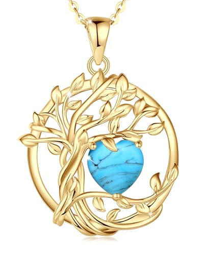 FANCIME Lebensbaum Türkis Kette für Damen Gelbgold Vergoldet Baum des Lebens Türkis Anhänger Halskette Schmuck Geschenke für Damen Frauen Mädchen, Kettenlänge: 40+5 cm