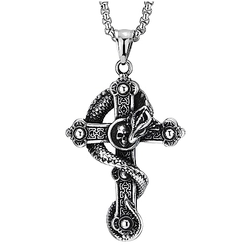 COOLSTEELANDBEYOND Gotik Schlange Schädel Kreuz Anhänger Halskette Tribal Totem Muster, Herren Edelstahl, 75cm Weizen-Kette