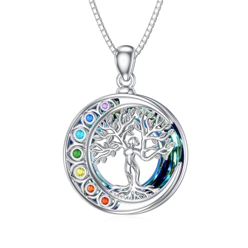 enjoylifecreative Chakra Baum des Lebens Halskette für Damen 925 Sterling Silber Lebensbaum Kristall Anhänger Kette 7 Chakren Spirituelle Schmuck Geschenk für Frauen Mädchen