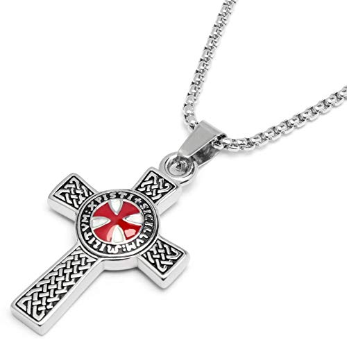 Schmuck-Checker Detailliertes Templer Kreuz Anhänger & Kette Kreuzritter Kreuzfahrer Wappen Silber rot 316L Edelstahl Herren Geschenk