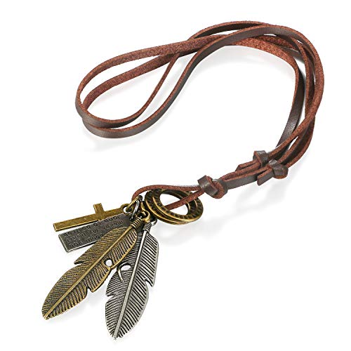 Flongo Damen Halskette Herren Anhänger Lederkette Anhänger Kette Braun Feder Blätter Kreuz Schrift Tag Verstellbar Kette Herren-Accessoires