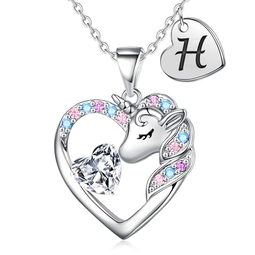 TINGN Kette Mädchen Geschenke für Mädchen - Kette Mädchen Herzkette Einhorn Geschenke für Mädchen Einhorn Silber Kette Mädchen Geschenk Mädchen 7 8 9 11 12 Jahre Einhorn Kette mit Buchstaben H Kette