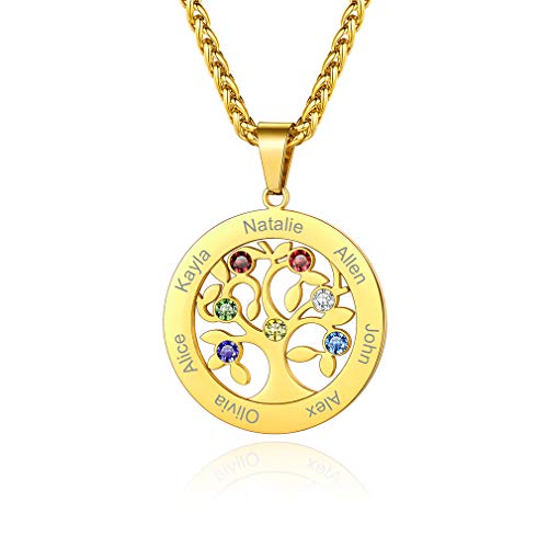 Custom4U Personalisierte Lebensbaum Kette Gold mit Gravur Edelstahl Rund Lebensbaum Namen Halskette mit 7 Namen und Geburtsstein Gold Namenskette Damen Familienbaum Halskette