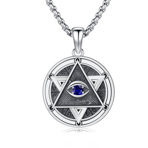 OHAYOO Dreieck Auge Kette Silber 925 Freimaurer Dämon Auge Böser Blick Halskette Davidstern Anhänger Silberkette Schmuck für Herren Damen