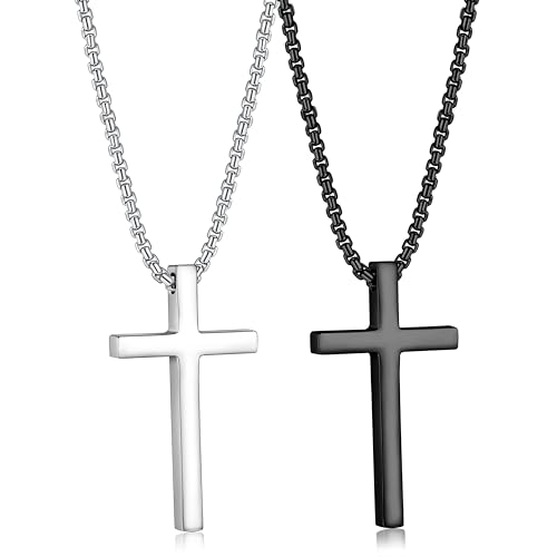 JeweBella 2Pcs Kreuz Kette Herren Damen Edelstahl Kette mit Kreuz Anhänger Halskette Poliert Kruzifix Halskette Silber und Schwarz Kreuz Halskette Set Herren Schmuck Geschenk Kette Länge 41-76CM