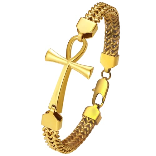 Flongo Armband Herren Ankh Kreuz: bracelet men gold Franco Armkette Edelstahl königskette Double Row Woven Chain mit Egyptian Cross Amulett mens jewellery Armbänder für Damen Männer Jungen