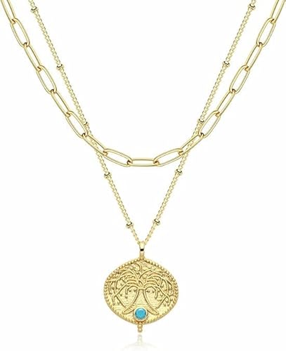 Jenosy Kette Layered Damen Lebensbaum Kette Gold Personalisierte Kette Lebensbaum Damen Zarte Halskette mit Lebensbaum Anhänger Hypoallergene Vergoldete Kette Modeschmuck für Frauen und Mädchen