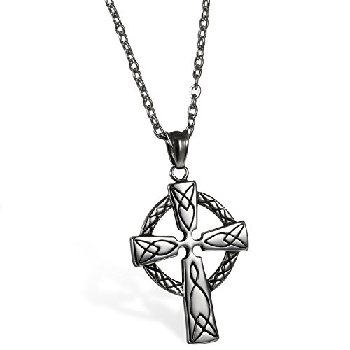 JewelryWe Schmuck Edelstahl Klassische Irish Celtic Knot Irischen Knoten Keltisches Kreuz Anhänger mit 55cm Kette, Halskette für Herren, Schwarz Silber