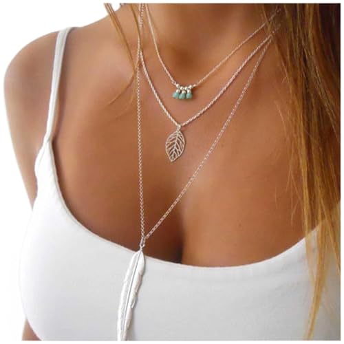 Cimenexe Bohemian Tiny Türkis Perlenkette Layered Hollow Leaf Halskette Choker Silber Feder Anhänger Halskette Kette Lange Halsketten Schmuck für Frauen und Mädchen