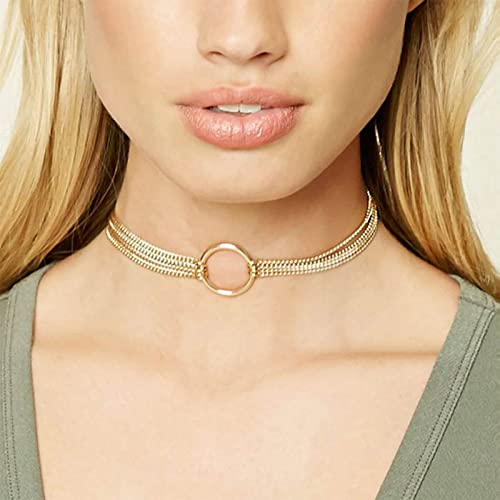 Yienate Gothic Circle Loop Choker Halskette Kette Gold Mehrreihige Kette Einteilige Kette Hohlkreis Ring Halskette Punk Circle Hoop Ring Halskette Minimalistisch Kurze Halskette Schmuck für Frauen