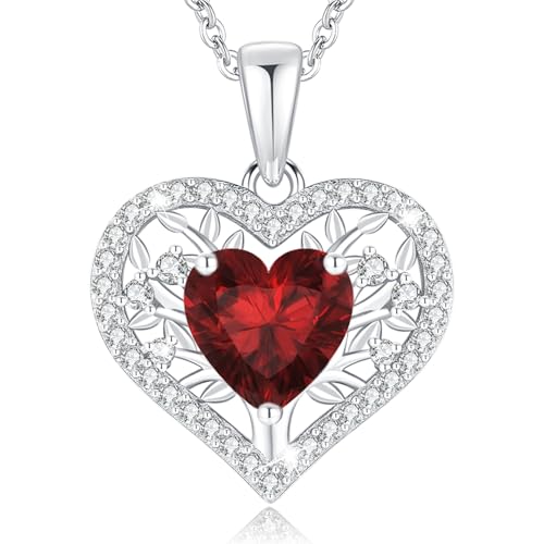 LAVUMO Lebensbaum Herz Kette Damen 925 Sterling Silber Geburtsstein Anhänger Halsketten Geburtstagsgeschenk für Frauen Freundin Mama Valentinstag Muttertags Weihnachten (Silber-01-Januar)