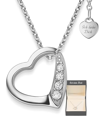 Herzkette Silber 925 Damen Halskette Kette mit Herz-Anhänger Ich liebe Dich (45-50cm) Silberkette mit Zirkonia-Steinen Schmuck Geschenke für Frauen Sie Freundin mit Gravur zum Jahrestag Liebesgeschenk