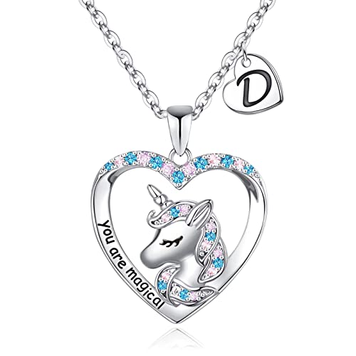 TINGN Einhorn Geschenke für Mädchen, Buchstabe D Halskette Einhorn Geschenke für Mädchen Schmuck Bunte CZ Herz Einhorn Halsketten für Mädchen Einhorn Geschenke Silber Kette Mädchen Geschenke