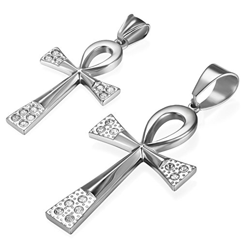 JewelryWe Schmuck 2pcs Partneranhänger Partnerkette Edelstahl Strass Ägyptische Ankh Kreuz Amulett Anhänger mit 55cm Kette Halskette Geschenk für Herren Damen Silber