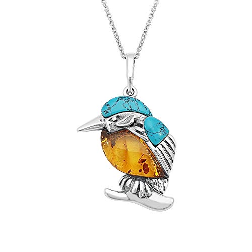 Kiara Jewellery Sterling Silber Färbiger Eisvogel Anhänger Halskette Mit Baltischen Bernstein Und Türkis Eingefasst auf 45,7 cm Sterling Silber Kette