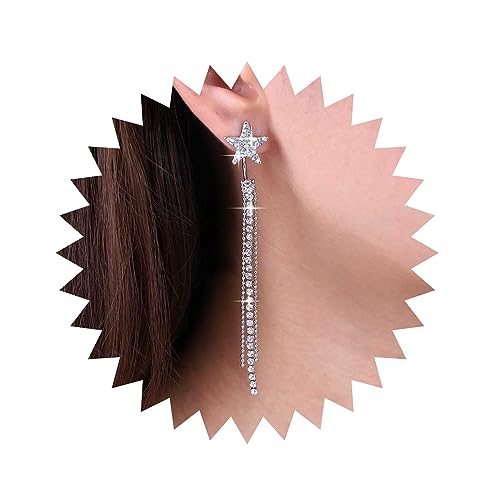 TseenYi Cz Stern Ohr Jacke Ohrringe Lange Kristall Quaste Ohrringe Strass Stern Vorne Zurück Ohrringe Silber Kette Lange Fransen Ohrringe Glanz Cz Ohrringe Schmuck Für Frauen Und Mädchen