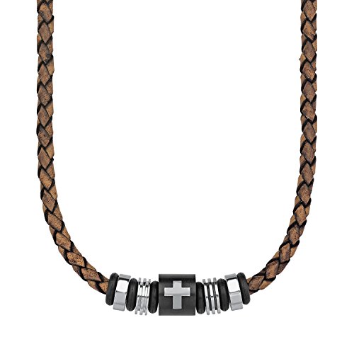 s.Oliver Herren-Kette mit Anhänger Lederkette Lederhalsband Kreuz Edelstahl Leder 50 cm-2012637