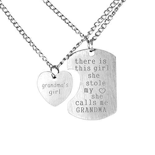 Hanessa 2 Stück Personalisierte Ketten mit Gravur Edelstahl 45-60 cm - Dog Tag mit passendem Herz  Grandma´s girl  in silber - Halsketten für Frauen - Personalisierter Schmuck Damen Großmutter Oma