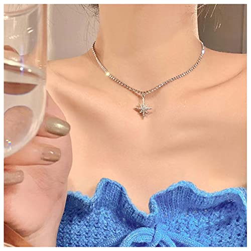 Cimenexe Böhmische Cz Northstar Anhänger Halskette Funkelnde Tennis Kette Halskette Vintage Kristall Stern Choker Kette Minimalistisch Strass Kette Halskette Silber Einstellbar Stern Clavicle