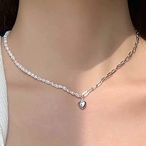 TseenYi Halbe Perle Halbe Kette Halskette Barock Perlenkette Silber Herz Anhänger Halskette Choker Vintage Perlenkette Halskette Büroklammer Gliederkette Halskette Schmuck Für Frauen Und Mädchen