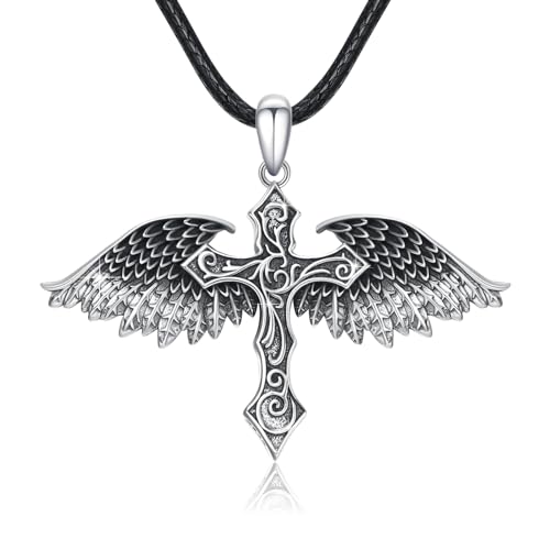 REDSUN Engelsflügel Halskette Schutzengel Flügel Kette 925 Sterling Silber Retro Kreuz Gothic Schwarz Engelsflügel Anhänger Glaube Amulett Schmuck Geschenk für Männer Frauen Unisex