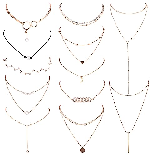 Dochais 12 Stück Set Layer Kette Gold Damen, Geschichteten Choker Halskette Einstellbar, Schloss, Schmetterling, Kreuz, Liebe, Anhänger Halskette Multilayer für Frauen Mädchen