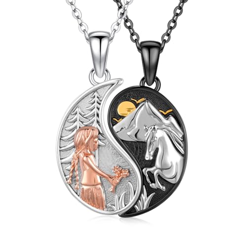 OHAYOO Yin Yang Halskette 925 Sterling Silber Yin Yang Anhänger Kette Partnerketten für Sie und Ihn Yin Yang Schmuck Geschenke für Damen Herren Couple (Pferd und Mädchen)