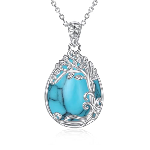 YAFEINI Baum des Lebens Türkis Kette Sterling Silber Lebensbaum Anhänger Halskette Schmuck für Damen Mädchen (OO-Baum des Lebens Türkis Kette)