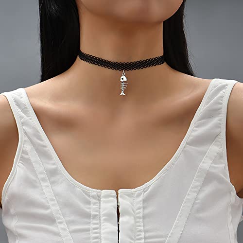 TseenYi Choker-Halskette mit schwarzer Spitze,Gothic-Tattoo-Halskette,Spitzen-Halskette,Fischgräten-Anhänger,kurze Kette,Jahrgang,hohle Blume,Spitzen-Halskette,kurz Halskette Schmuck Frauen undMädchen